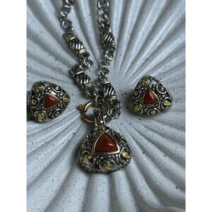 Southwestern Style Necklace Earrings Set Red Jasper Coral Tone Mixed Metal Boho